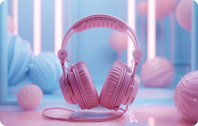 Pink headphones against a pastel blue and pink background.