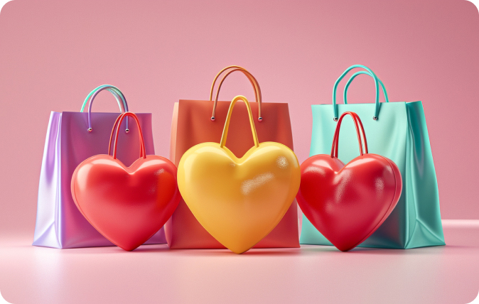 Shopping bags with red and yellow hearts against a pink background.